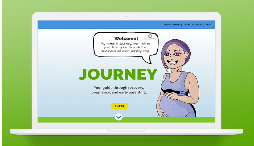 Illustration of laptop displaying pregnant mother in recovery welcoming to Journey webpage
